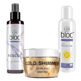 BLOC - Zestaw - mgiełka SPF50+ Skin Protector Spray + mgiełka po opalaniu Rescue + żel rozświetlający Gold Shimmer